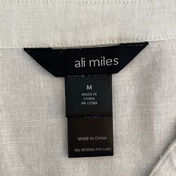 Ali Miles Linen Embroidered Button Back Roll Tab Sleeve Tunic Top Size Medium - Picture 3 of 7